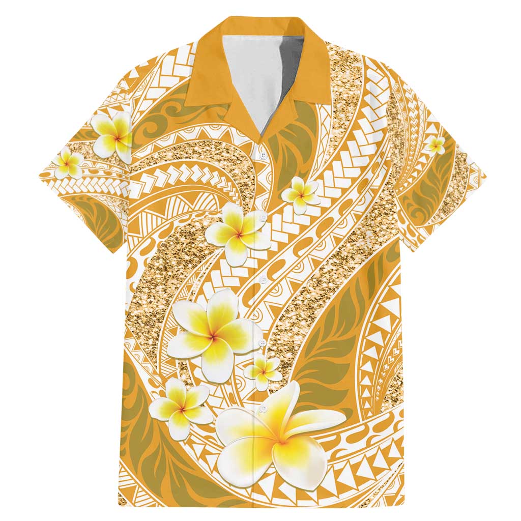 Plumeria Polynesian Gold Glitter Pattern Family Matching Mermaid Dress and Hawaiian Shirt LT01 Dad's Shirt - Short Sleeve Gold - Polynesian Pride