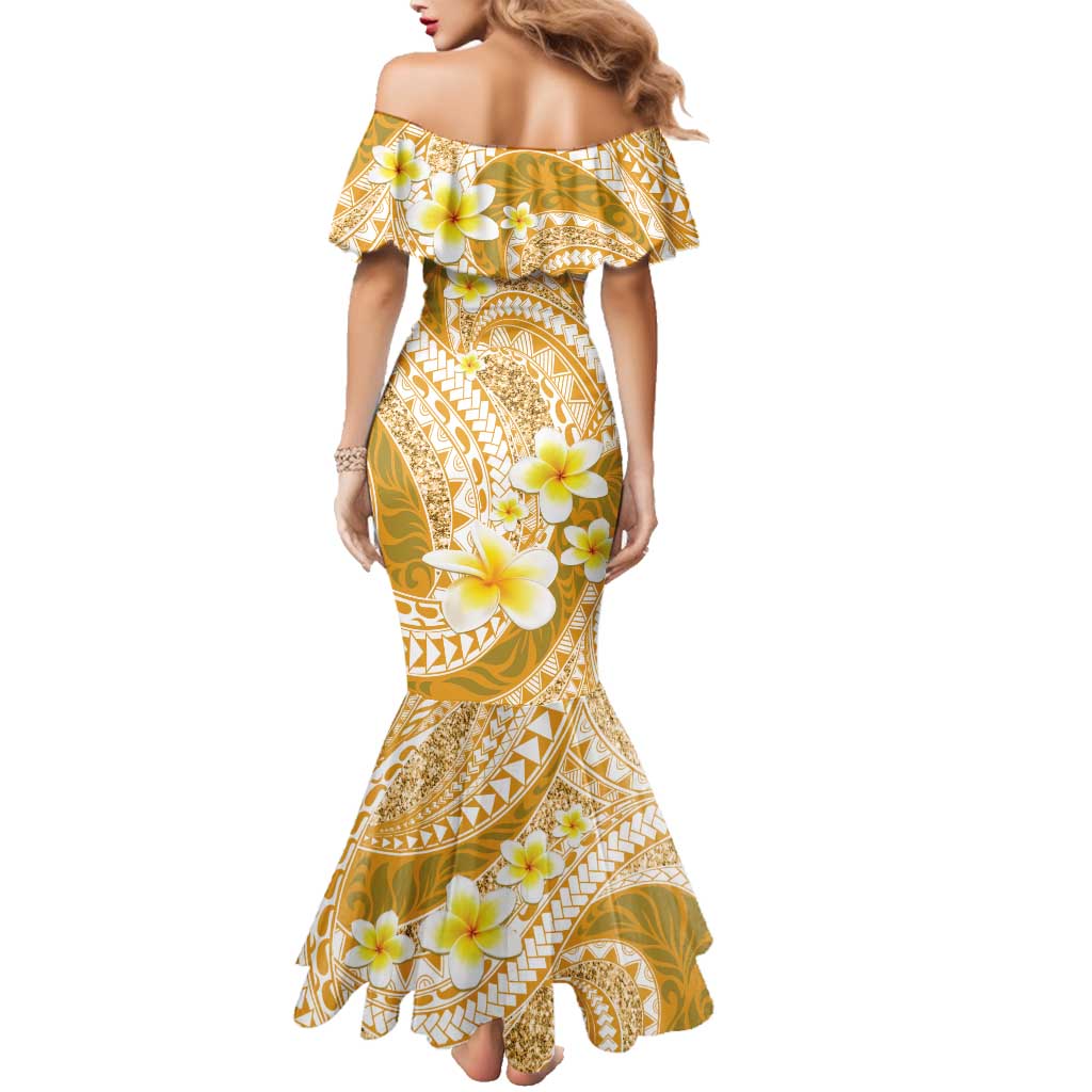 Plumeria Polynesian Gold Glitter Pattern Family Matching Mermaid Dress and Hawaiian Shirt LT01 - Polynesian Pride