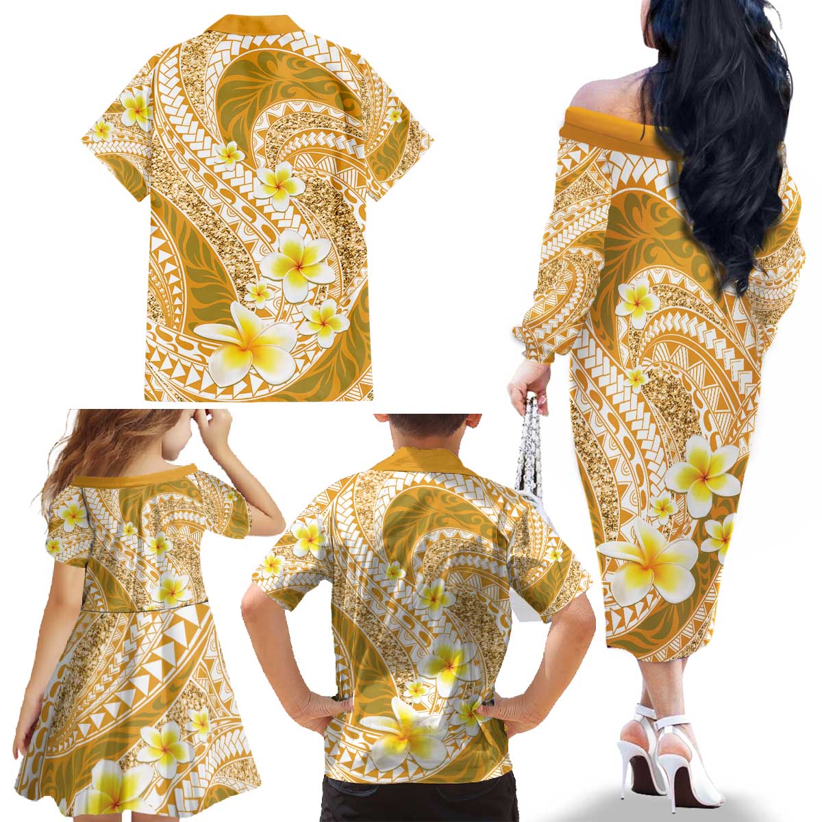 Plumeria Polynesian Gold Glitter Pattern Family Matching Off The Shoulder Long Sleeve Dress and Hawaiian Shirt