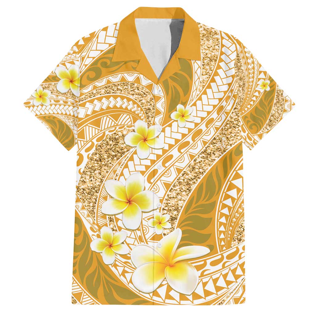Plumeria Polynesian Gold Glitter Pattern Family Matching Off Shoulder Short Dress and Hawaiian Shirt LT01 Dad's Shirt - Short Sleeve Gold - Polynesian Pride