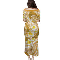 Plumeria Polynesian Gold Glitter Pattern Family Matching Puletasi and Hawaiian Shirt