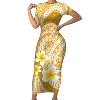 Plumeria Polynesian Gold Glitter Pattern Family Matching Short Sleeve Bodycon Dress and Hawaiian Shirt LT01 Mom's Dress Gold - Polynesian Pride