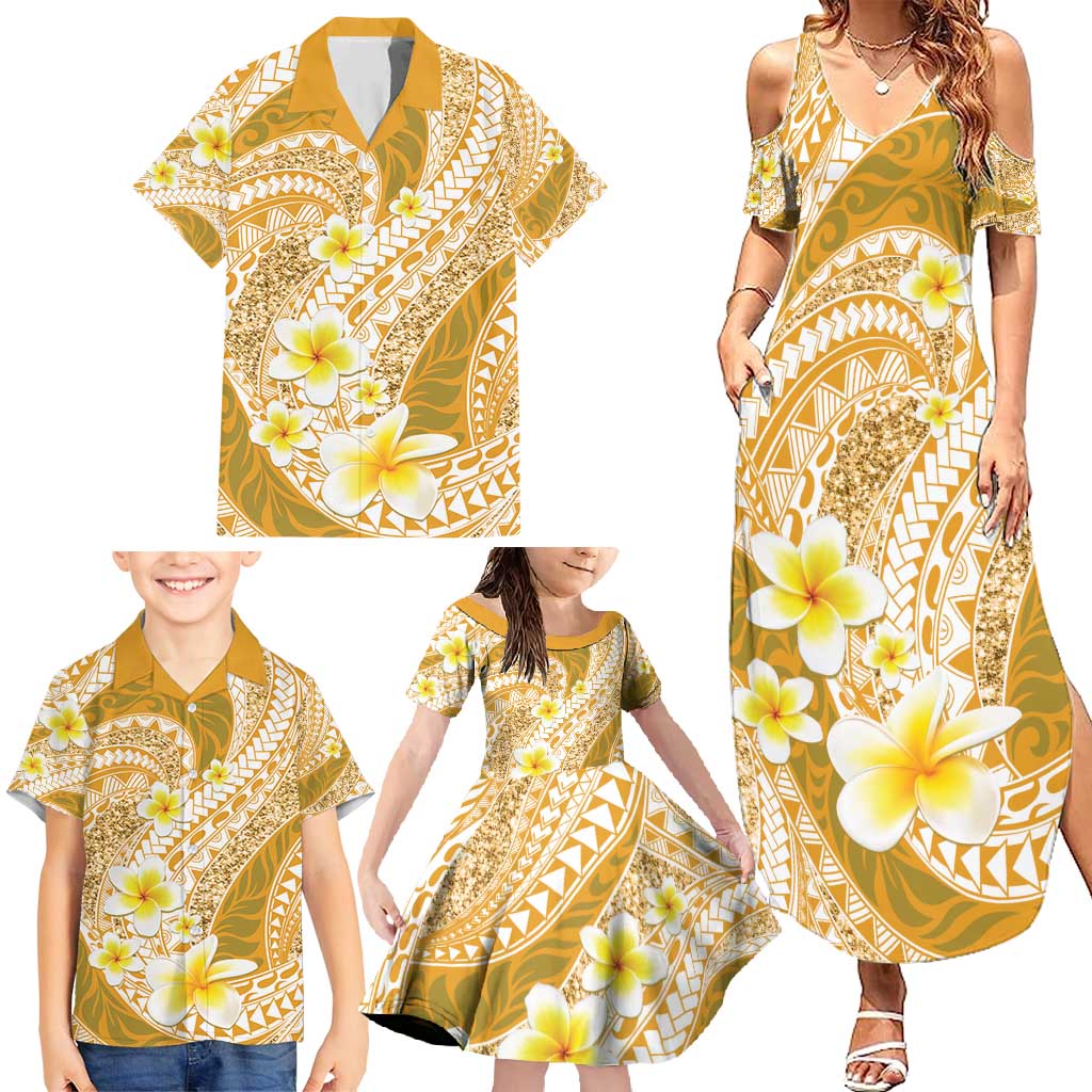Plumeria Polynesian Gold Glitter Pattern Family Matching Summer Maxi Dress and Hawaiian Shirt LT01 - Polynesian Pride