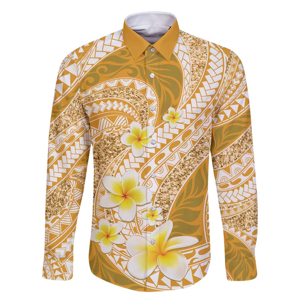 Plumeria Polynesian Gold Glitter Pattern Family Matching Summer Maxi Dress and Hawaiian Shirt LT01 Dad's Shirt - Long Sleeve Gold - Polynesian Pride