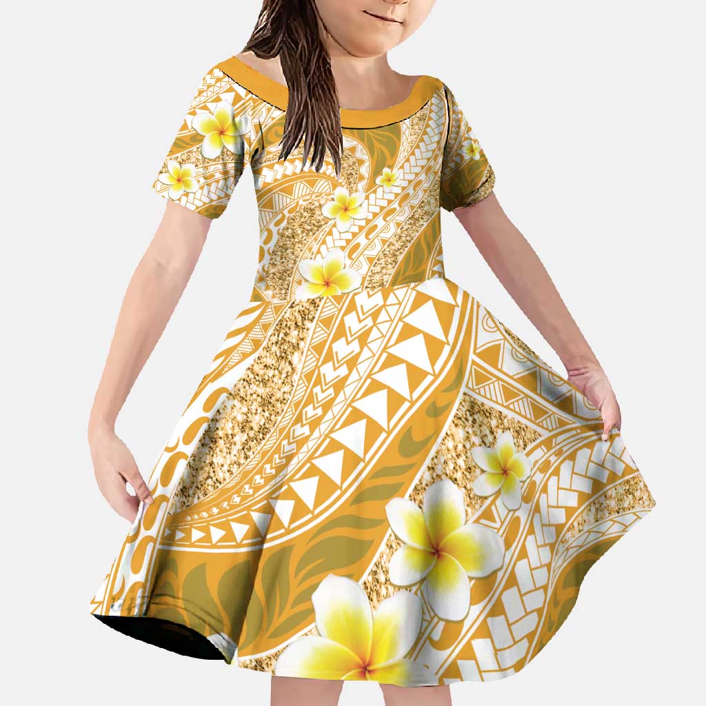 Plumeria Polynesian Gold Glitter Pattern Family Matching Tank Maxi Dress and Hawaiian Shirt LT01 Daughter's Dress Gold - Polynesian Pride