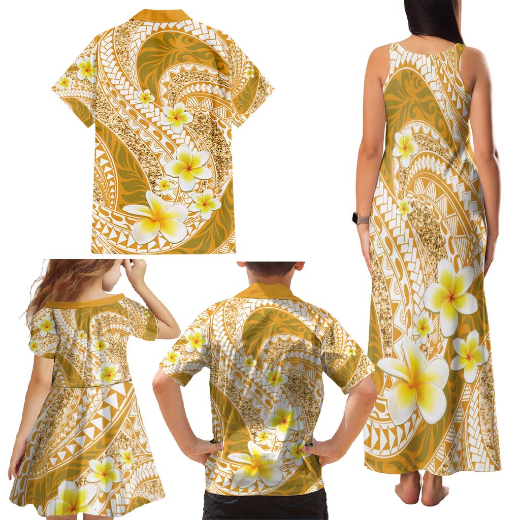 Plumeria Polynesian Gold Glitter Pattern Family Matching Tank Maxi Dress and Hawaiian Shirt LT01 - Polynesian Pride