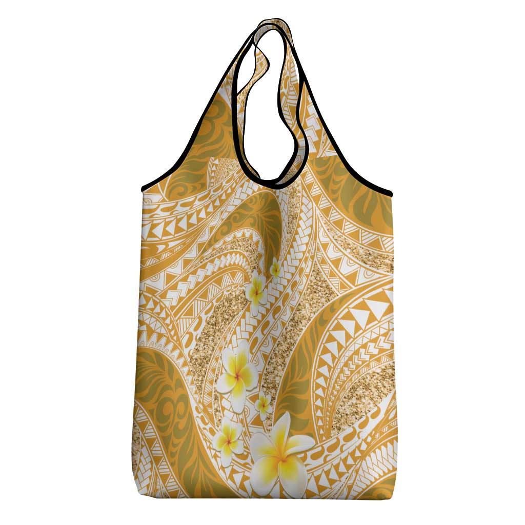 Plumeria Polynesian Gold Glitter Pattern Grocery Bag