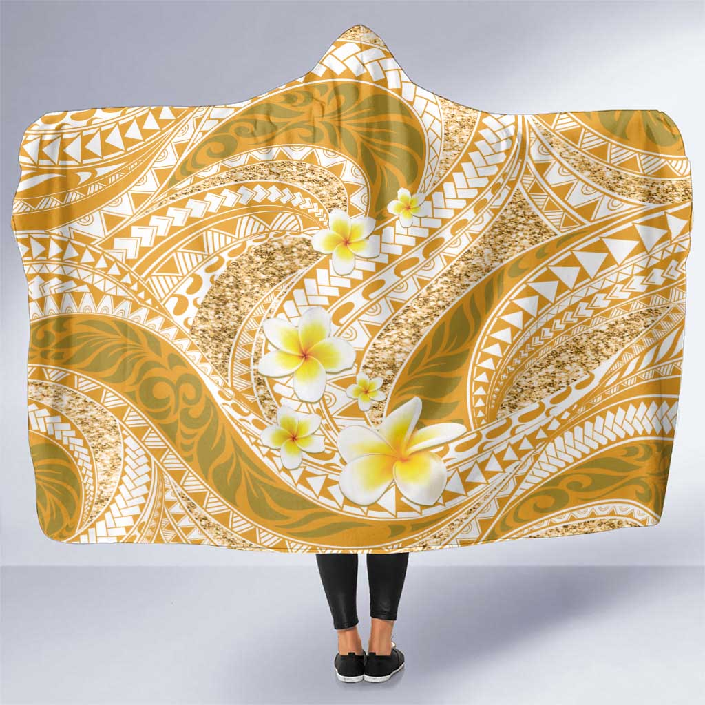 Plumeria Polynesian Gold Glitter Pattern Hooded Blanket