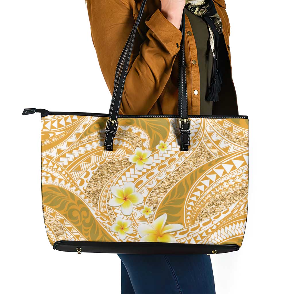 Plumeria Polynesian Gold Glitter Pattern Leather Tote Bag LT01 - Polynesian Pride