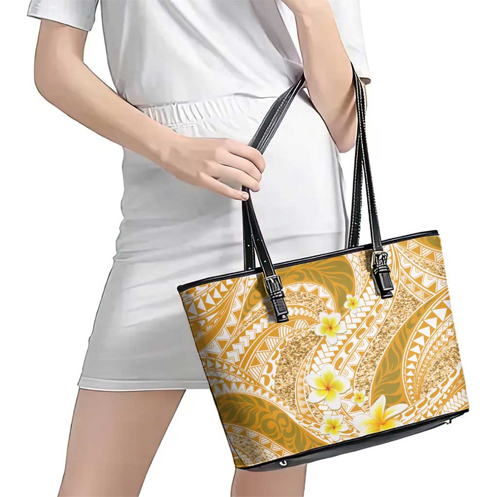 Plumeria Polynesian Gold Glitter Pattern Leather Tote Bag LT01 - Polynesian Pride
