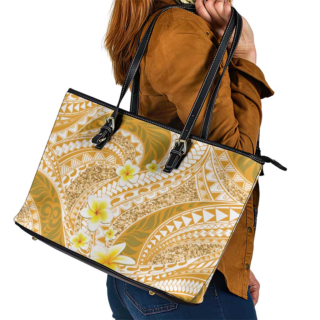 Plumeria Polynesian Gold Glitter Pattern Leather Tote Bag LT01 - Polynesian Pride