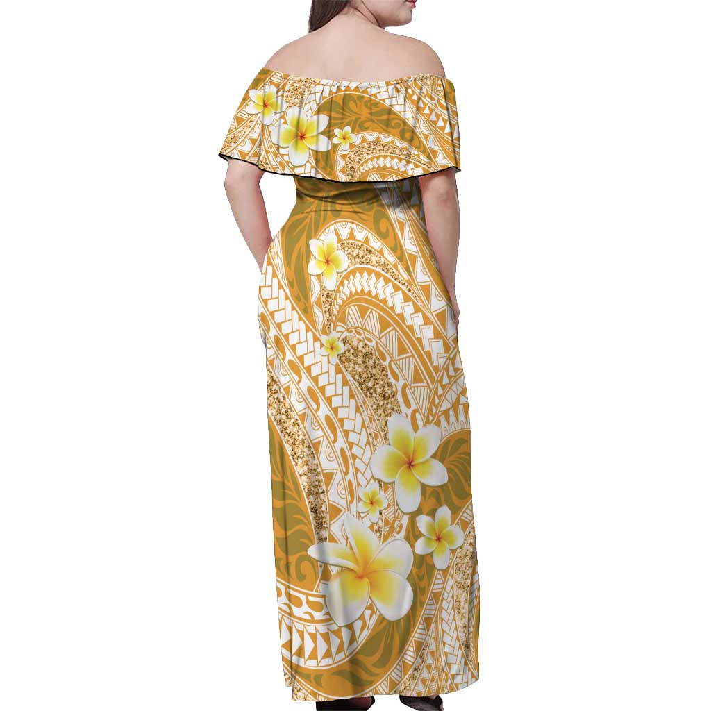 Plumeria Polynesian Gold Glitter Pattern Off Shoulder Maxi Dress