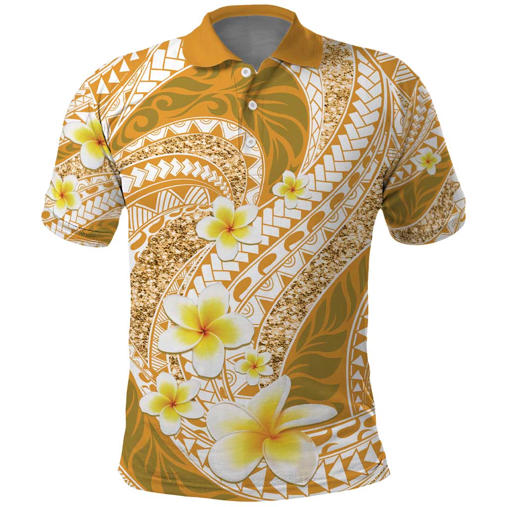 Plumeria Polynesian Gold Glitter Pattern Polo Shirt