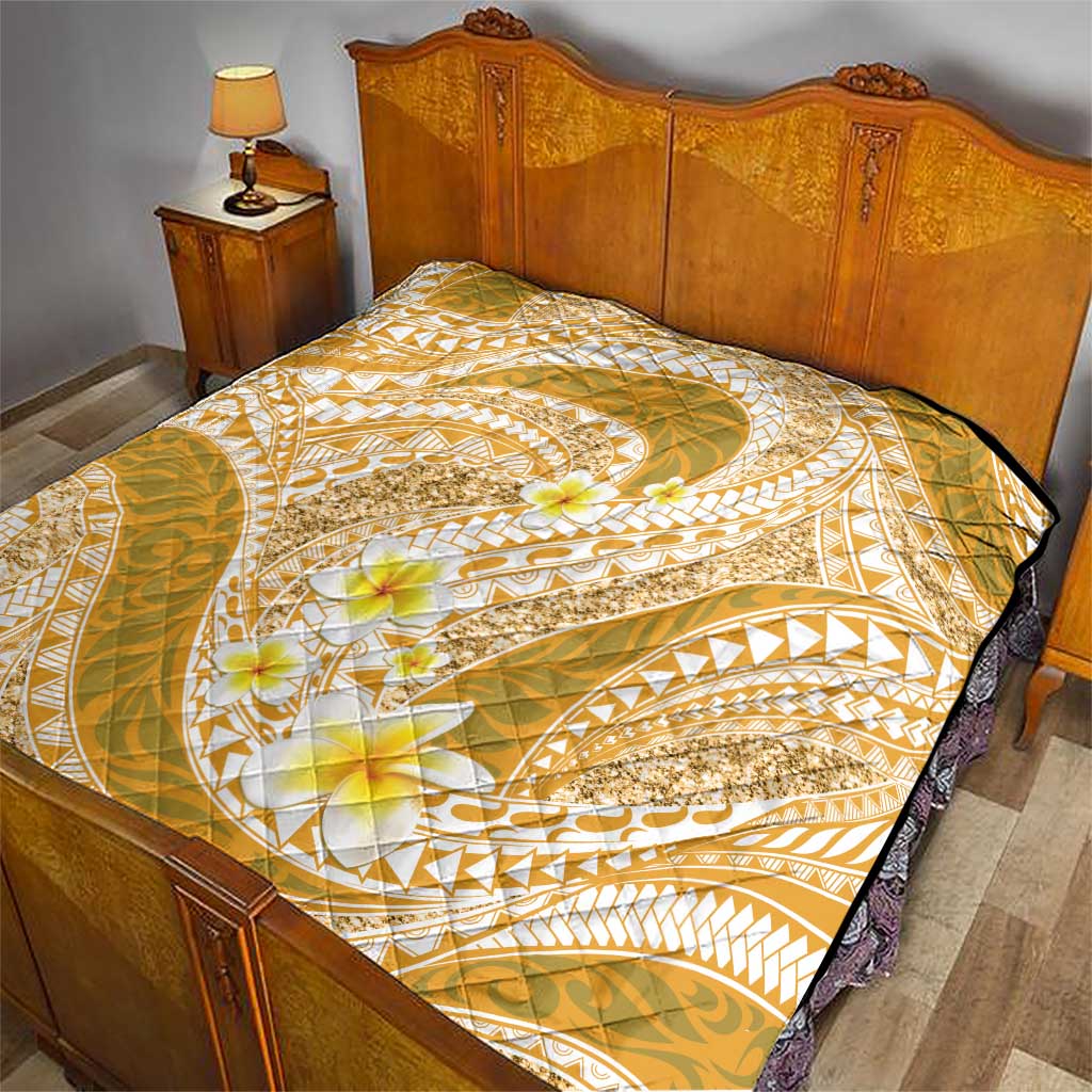 Plumeria Polynesian Gold Glitter Pattern Quilt