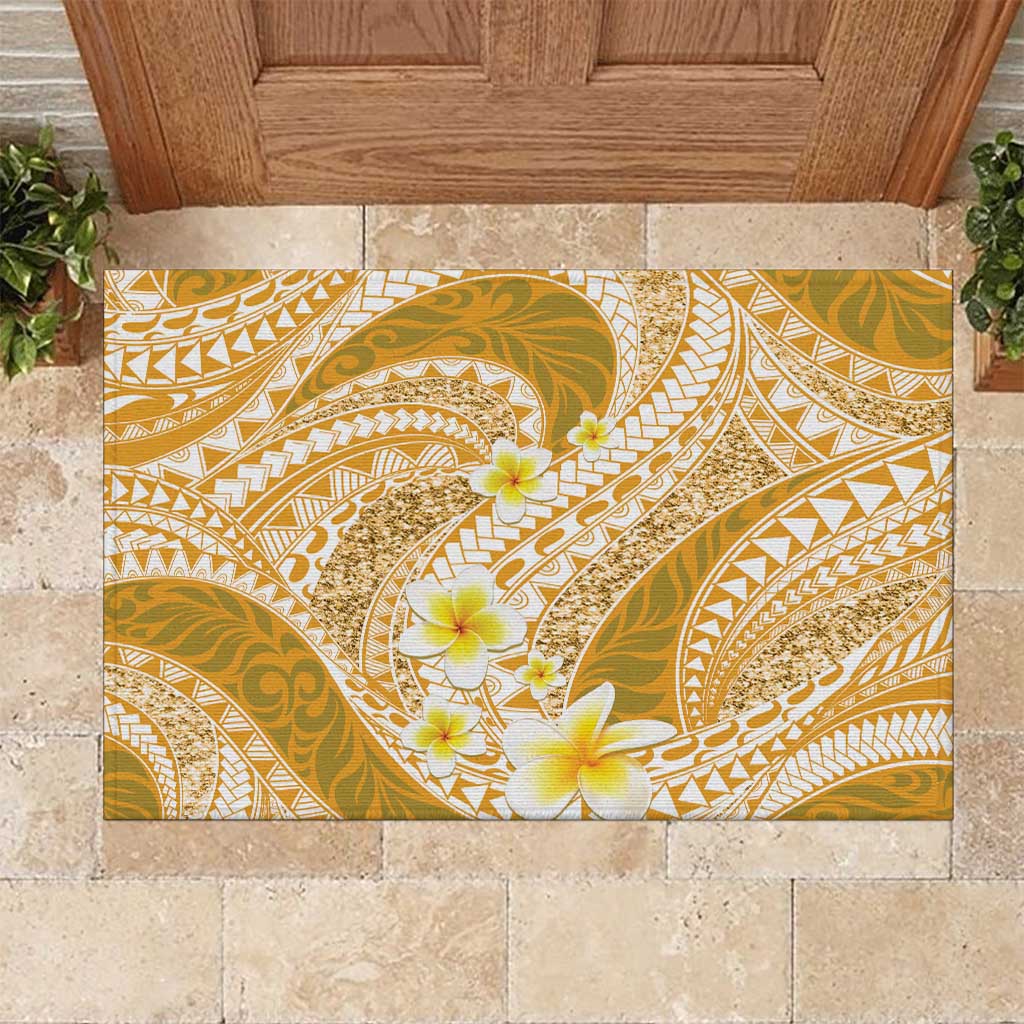 Plumeria Polynesian Gold Glitter Pattern Rubber Doormat