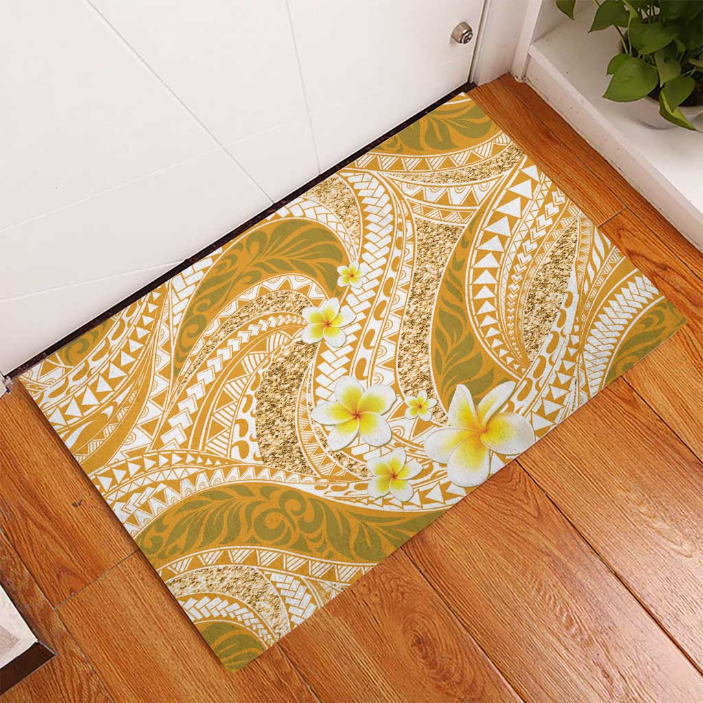 Plumeria Polynesian Gold Glitter Pattern Rubber Doormat