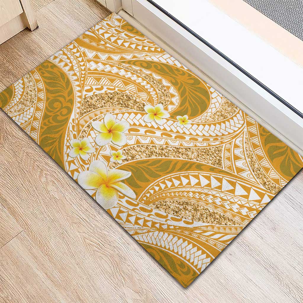 Plumeria Polynesian Gold Glitter Pattern Rubber Doormat