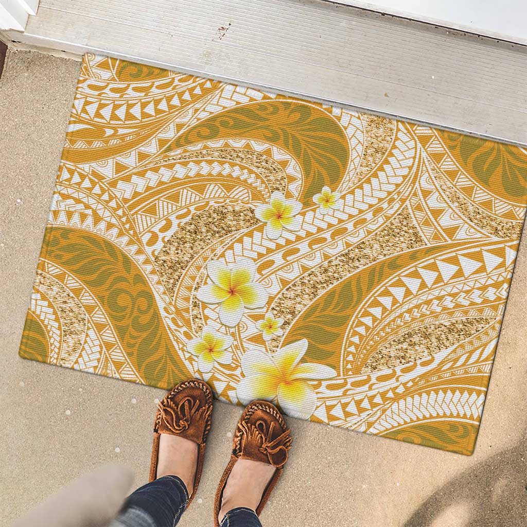 Plumeria Polynesian Gold Glitter Pattern Rubber Doormat