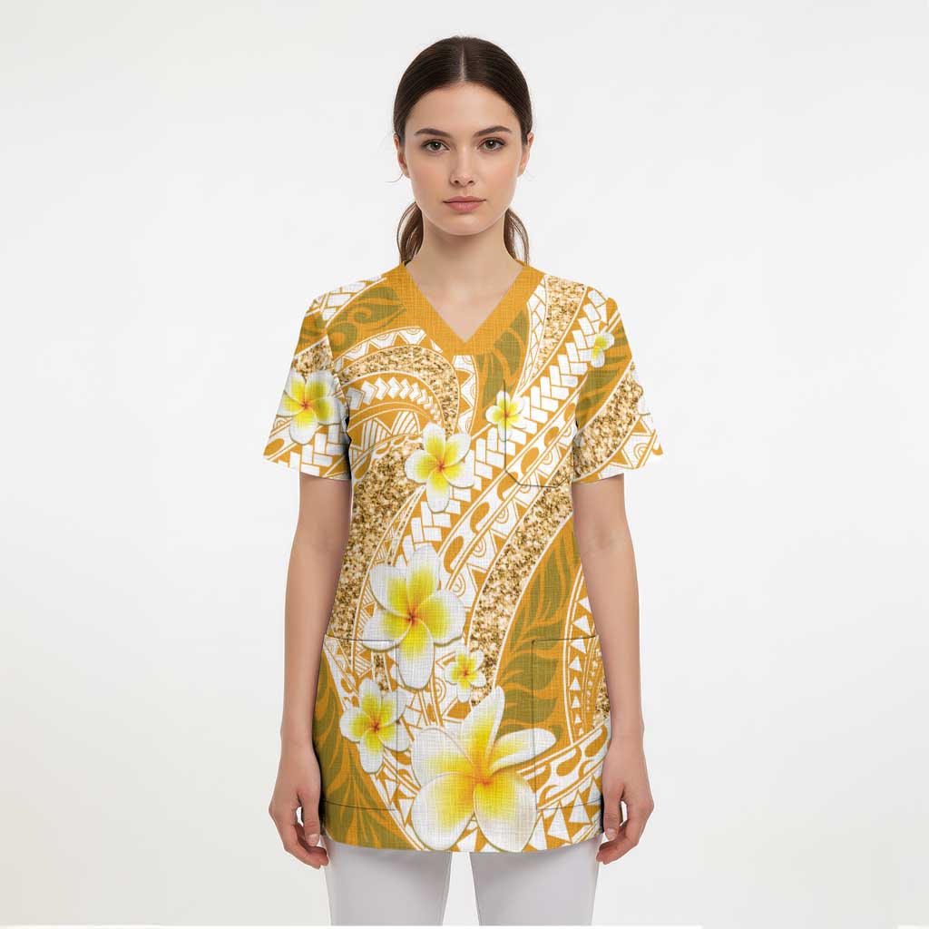 Plumeria Polynesian Gold Glitter Pattern Scrub Top - Polynesian Pride