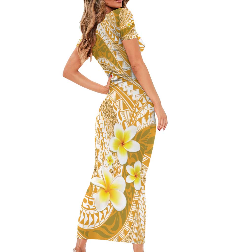 Plumeria Polynesian Gold Glitter Pattern Short Sleeve Bodycon Dress