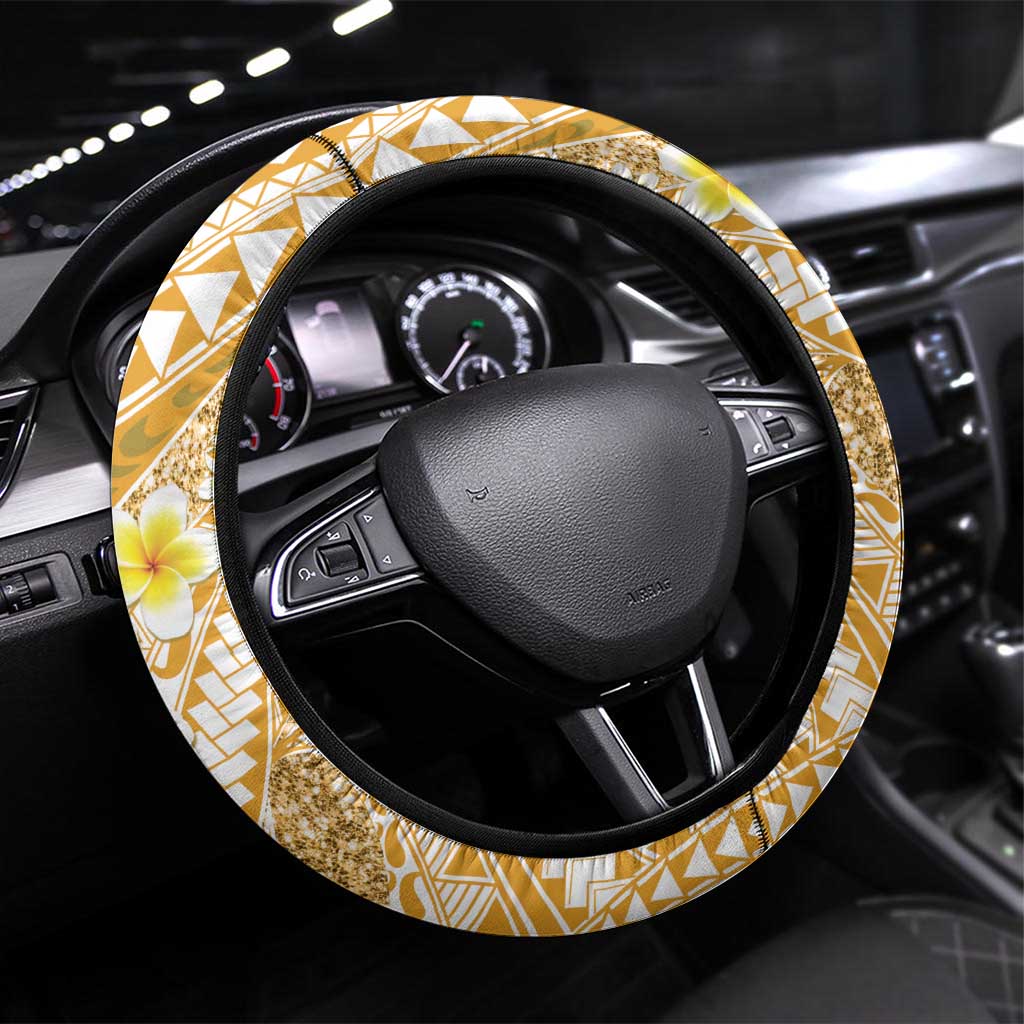 Plumeria Polynesian Gold Glitter Pattern Steering Wheel Cover