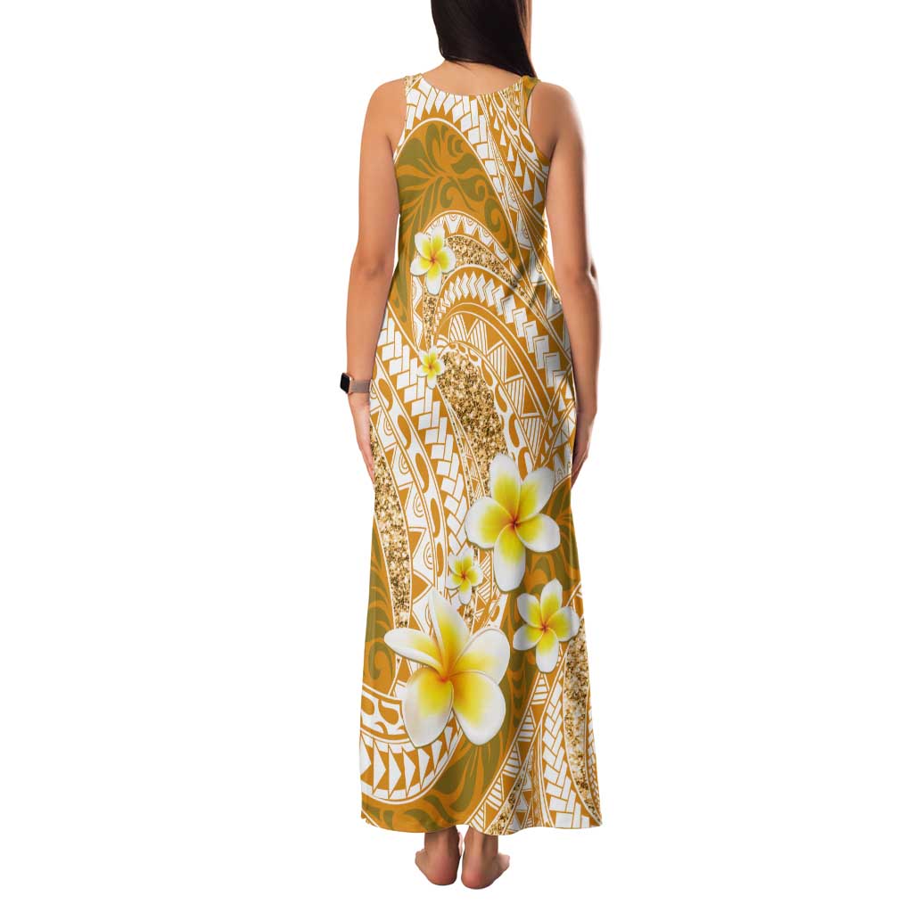 Plumeria Polynesian Gold Glitter Pattern Tank Maxi Dress