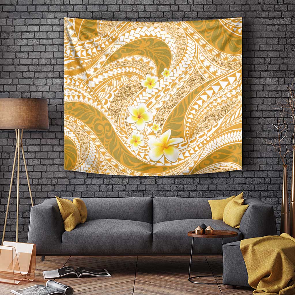 Plumeria Polynesian Gold Glitter Pattern Tapestry