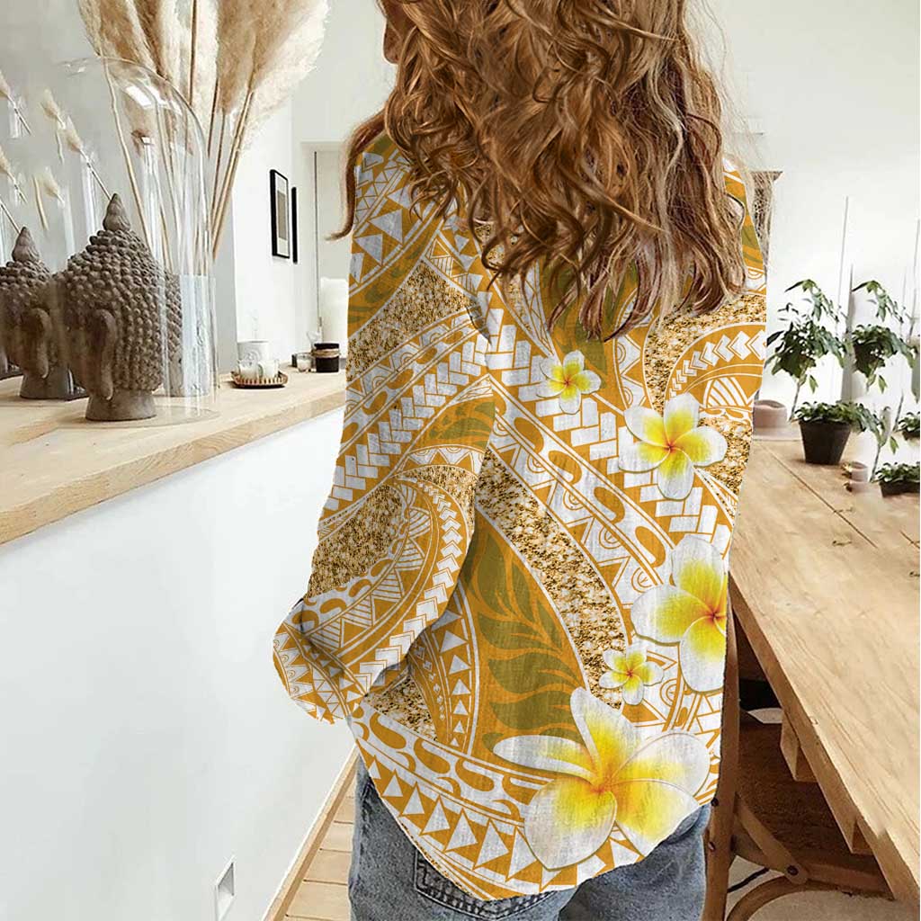 Plumeria Polynesian Gold Glitter Pattern Women Casual Shirt LT01 - Polynesian Pride