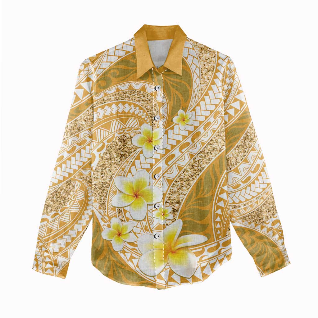 Plumeria Polynesian Gold Glitter Pattern Women Casual Shirt LT01 - Polynesian Pride