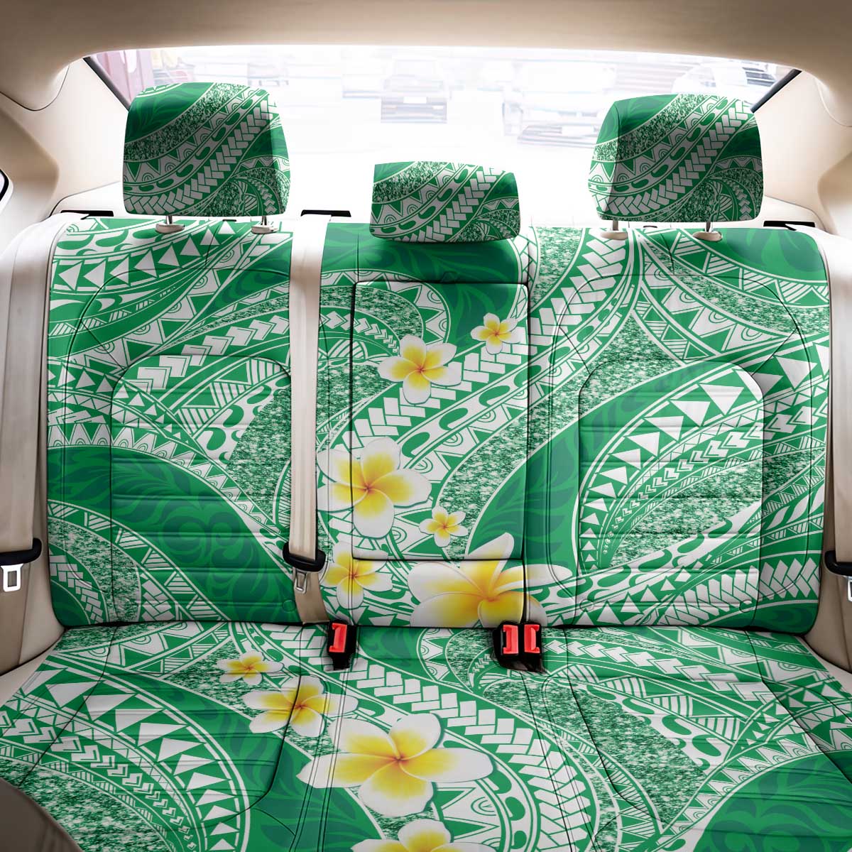 Plumeria Polynesian Green Glitter Pattern Back Car Seat Cover