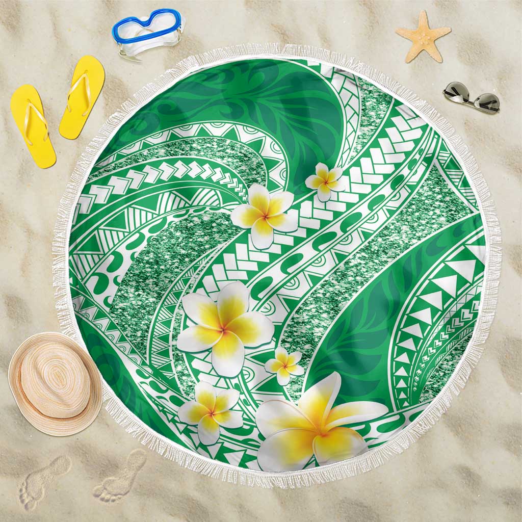 Plumeria Polynesian Green Glitter Pattern Beach Blanket