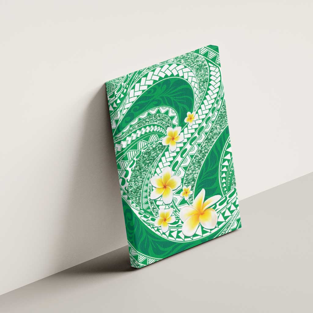 Plumeria Polynesian Green Glitter Pattern Canvas Wall Art