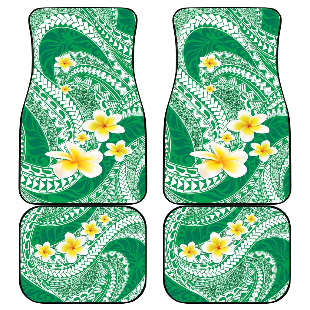 Plumeria Polynesian Green Glitter Pattern Car Mats