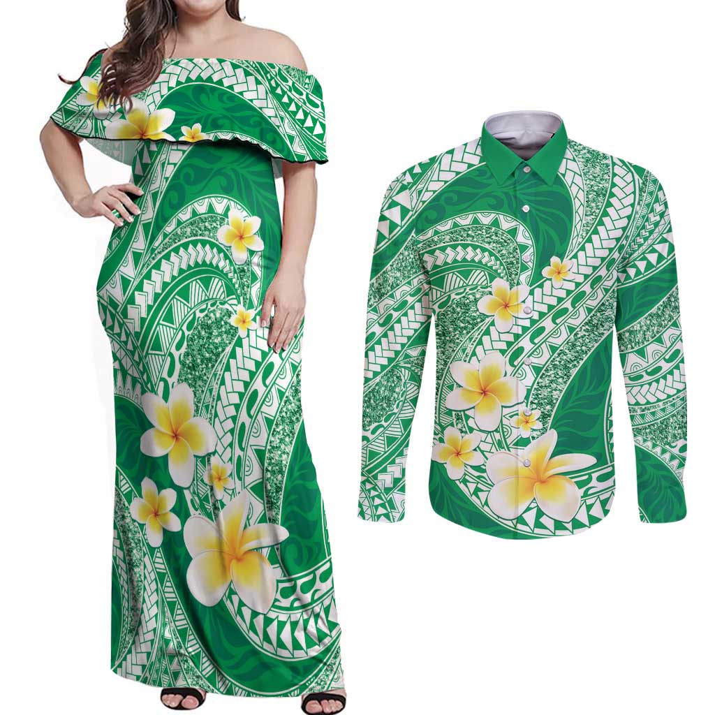 Plumeria Polynesian Green Glitter Pattern Couples Matching Off Shoulder Maxi Dress and Long Sleeve Button Shirt