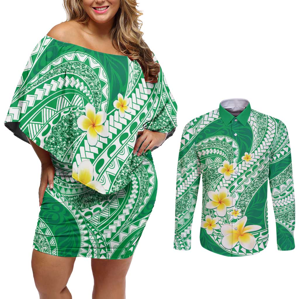 Plumeria Polynesian Green Glitter Pattern Couples Matching Off Shoulder Short Dress and Long Sleeve Button Shirt LT01 Green - Polynesian Pride