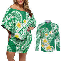 Plumeria Polynesian Green Glitter Pattern Couples Matching Off Shoulder Short Dress and Long Sleeve Button Shirt LT01 Green - Polynesian Pride