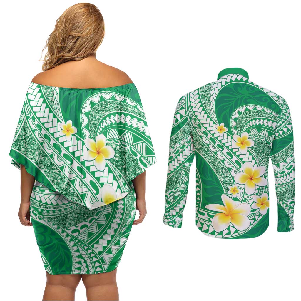 Plumeria Polynesian Green Glitter Pattern Couples Matching Off Shoulder Short Dress and Long Sleeve Button Shirt LT01 - Polynesian Pride
