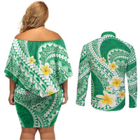 Plumeria Polynesian Green Glitter Pattern Couples Matching Off Shoulder Short Dress and Long Sleeve Button Shirt LT01 - Polynesian Pride