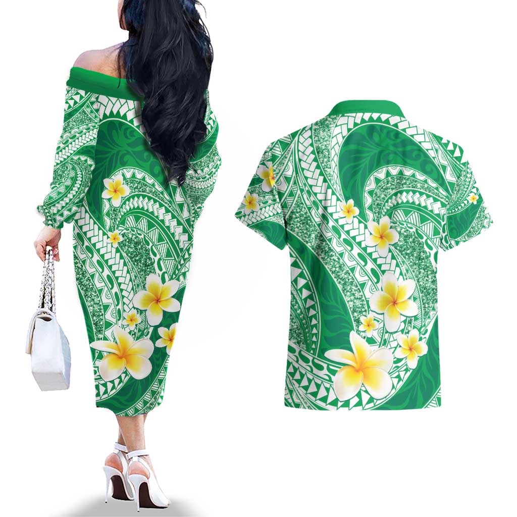 Plumeria Polynesian Green Glitter Pattern Couples Matching Off The Shoulder Long Sleeve Dress and Hawaiian Shirt