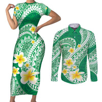 Plumeria Polynesian Green Glitter Pattern Couples Matching Short Sleeve Bodycon Dress and Long Sleeve Button Shirt LT01 Green - Polynesian Pride