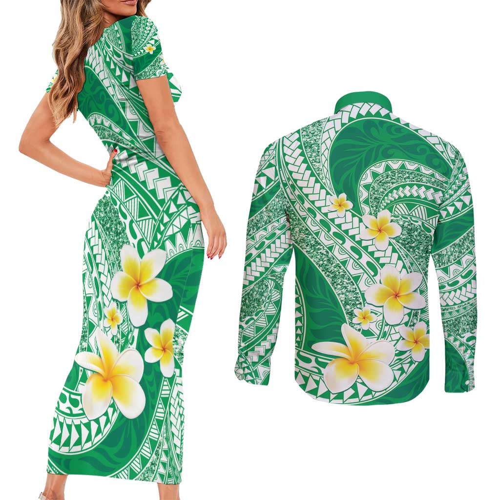 Plumeria Polynesian Green Glitter Pattern Couples Matching Short Sleeve Bodycon Dress and Long Sleeve Button Shirt LT01 - Polynesian Pride