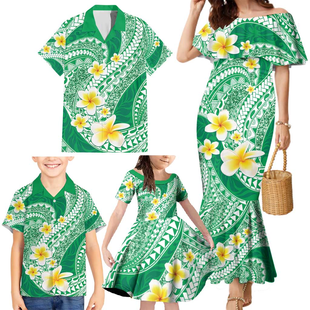 Plumeria Polynesian Green Glitter Pattern Family Matching Mermaid Dress and Hawaiian Shirt LT01 - Polynesian Pride