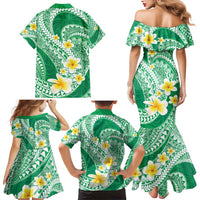 Plumeria Polynesian Green Glitter Pattern Family Matching Mermaid Dress and Hawaiian Shirt LT01 - Polynesian Pride