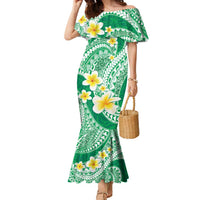 Plumeria Polynesian Green Glitter Pattern Family Matching Mermaid Dress and Hawaiian Shirt LT01 Mom's Dress Green - Polynesian Pride
