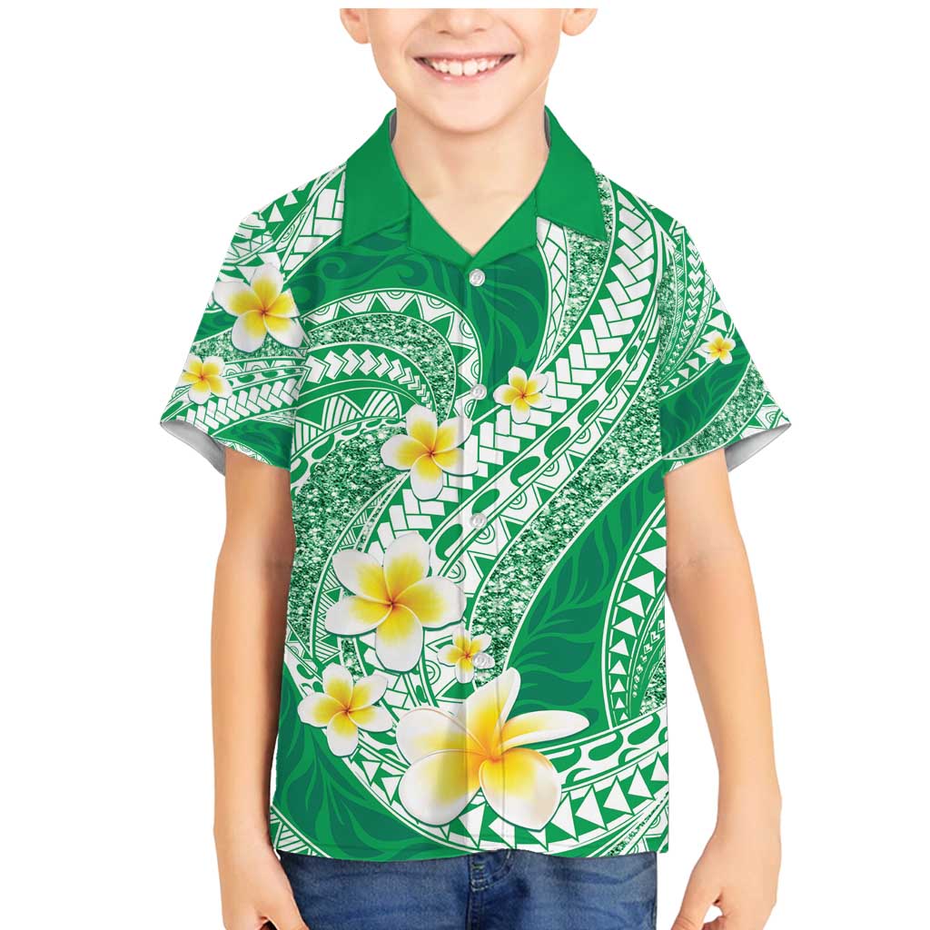 Plumeria Polynesian Green Glitter Pattern Family Matching Mermaid Dress and Hawaiian Shirt LT01 Son's Shirt Green - Polynesian Pride