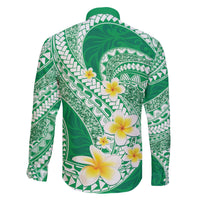 Plumeria Polynesian Green Glitter Pattern Family Matching Off The Shoulder Long Sleeve Dress and Hawaiian Shirt