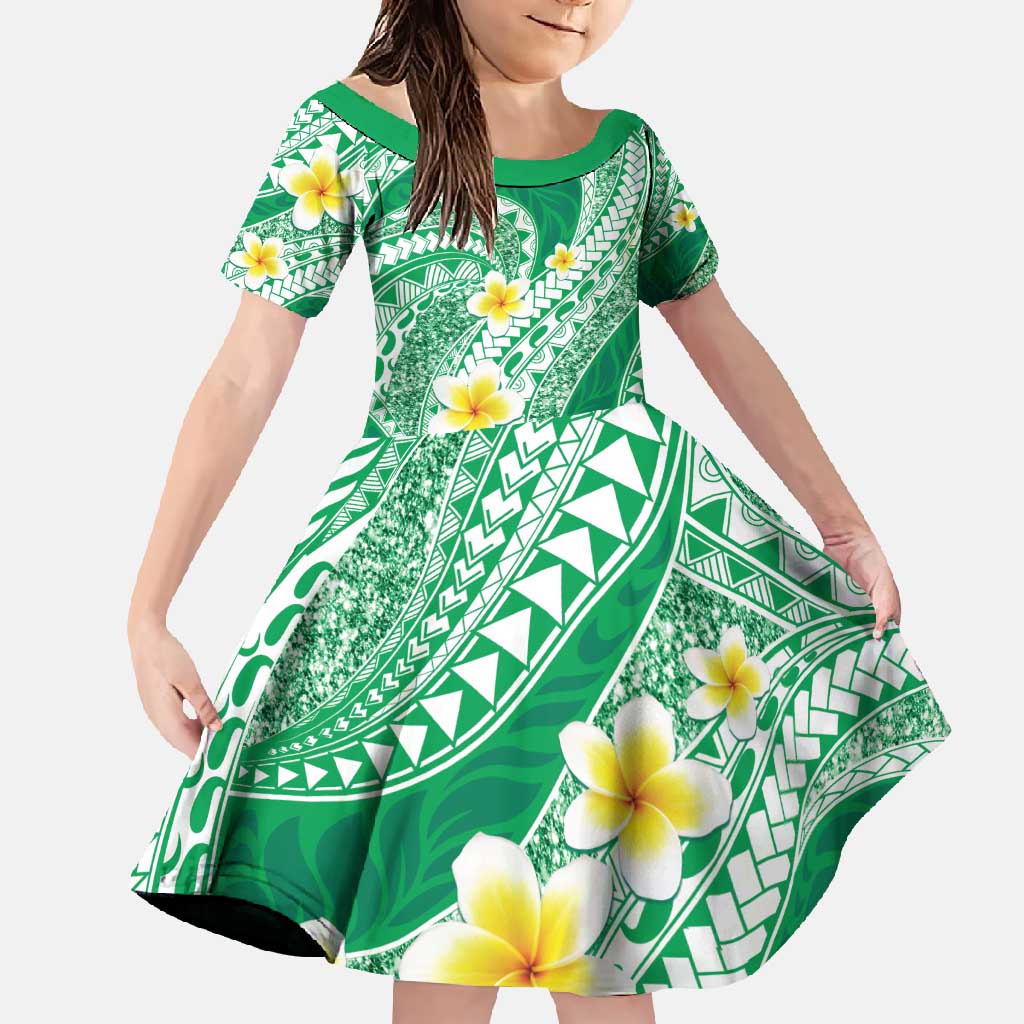 Plumeria Polynesian Green Glitter Pattern Family Matching Off Shoulder Maxi Dress and Hawaiian Shirt LT01 Daughter's Dress Green - Polynesian Pride