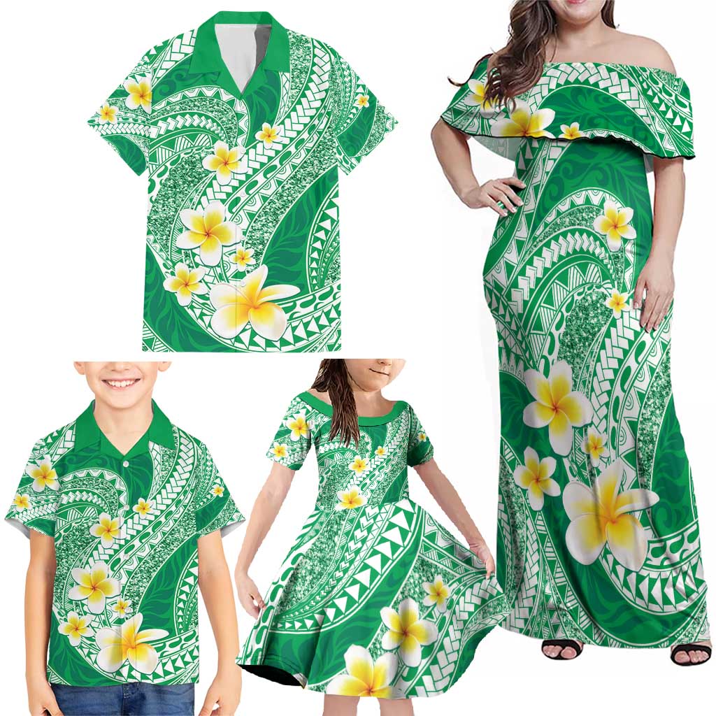 Plumeria Polynesian Green Glitter Pattern Family Matching Off Shoulder Maxi Dress and Hawaiian Shirt LT01 - Polynesian Pride