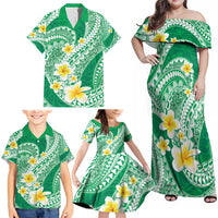 Plumeria Polynesian Green Glitter Pattern Family Matching Off Shoulder Maxi Dress and Hawaiian Shirt LT01 - Polynesian Pride