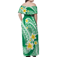 Plumeria Polynesian Green Glitter Pattern Family Matching Off Shoulder Maxi Dress and Hawaiian Shirt LT01 - Polynesian Pride